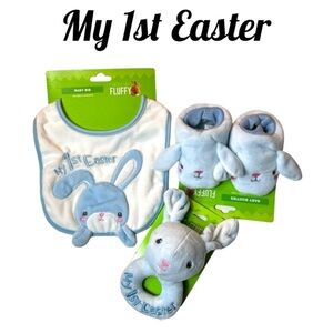 NWT My 1st Easter Blue Baby Bib, Rattle & Booties Happy Go Fluffy 3 Pc Set